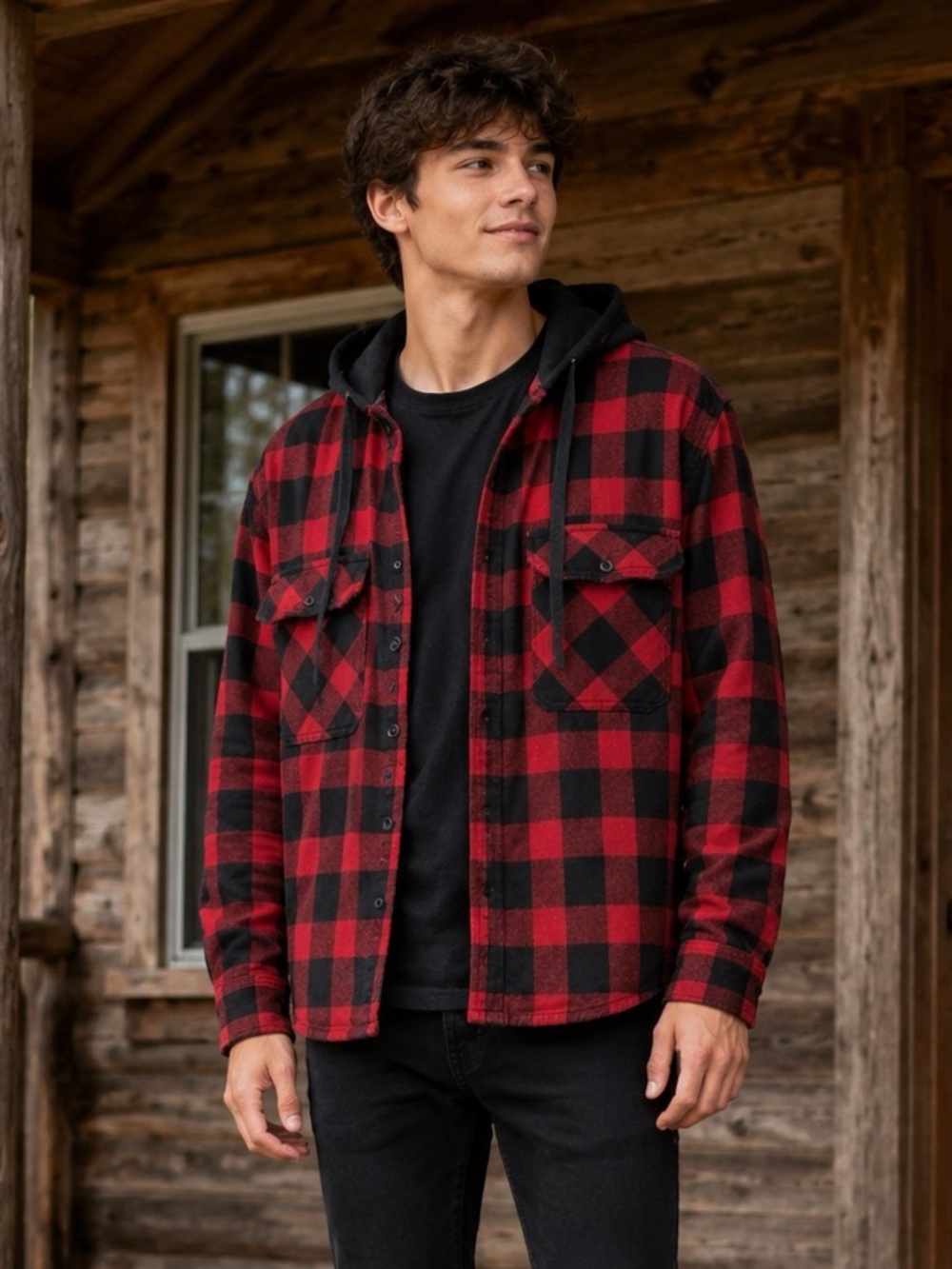 Original Use Men's Red and Black Buffalo Plaid Button-Down Hooded Flannel